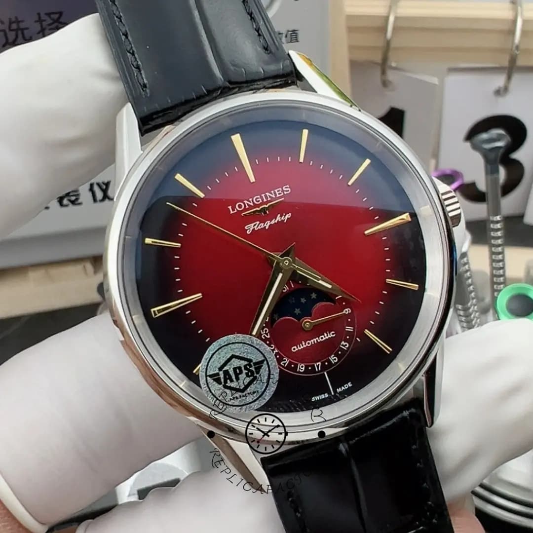 Longines Flagship Heritage 38.5mm 1:1 Clone L4.815.4.09.2 Red Dial Leather Strap — view 1