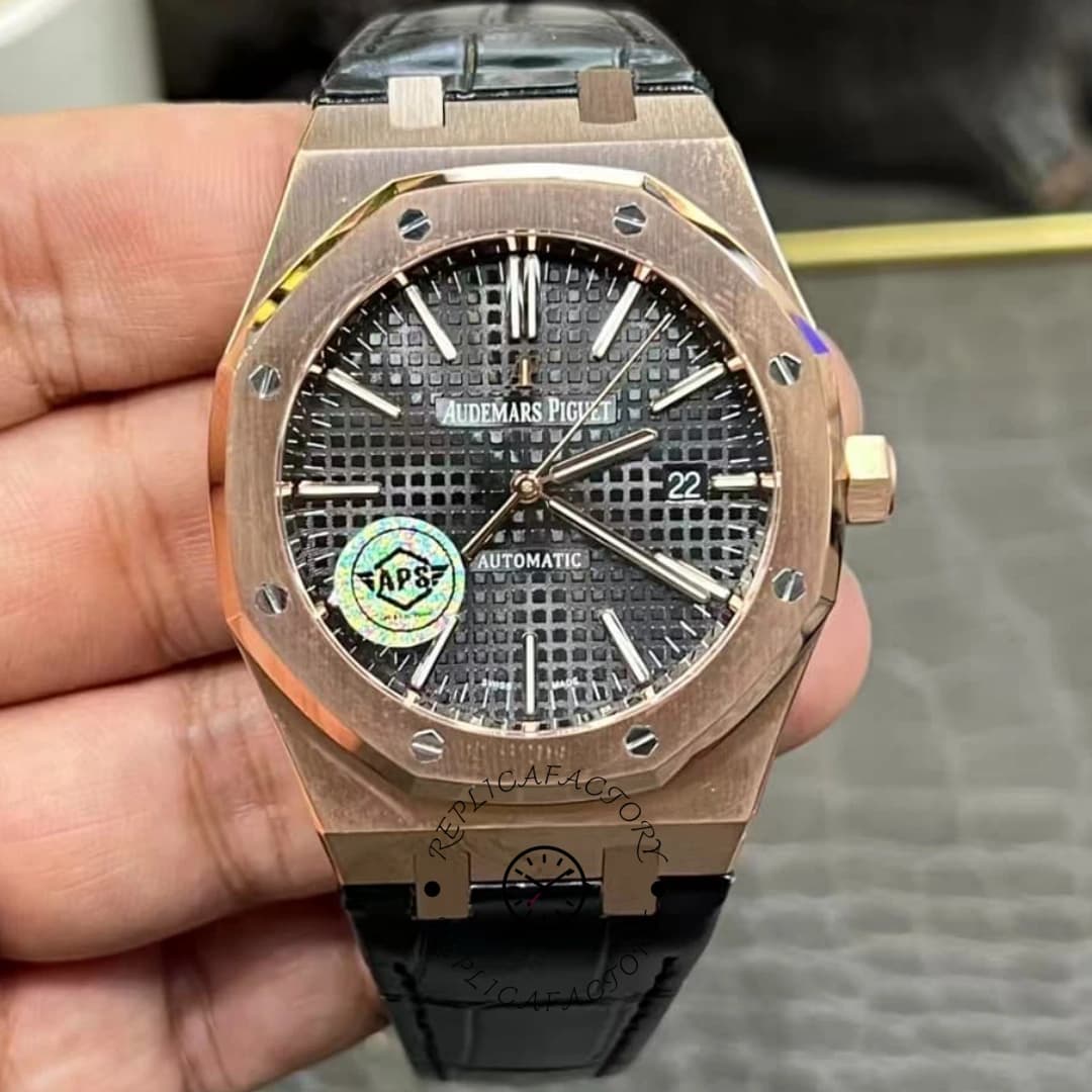 AP Replica Royal Oak 15400OR.OO.D002CR.01 41 Rose Gold Black Leather Strap — view 1