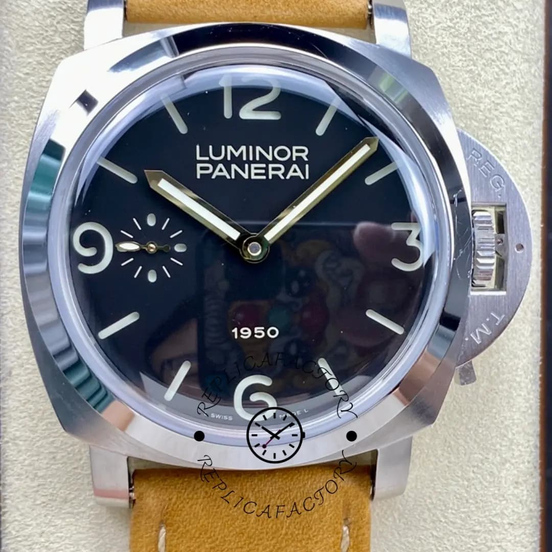 Panerai Luminor 1950 PAM00127 Black 47MM Replica Light Tan Leather Strap — view 1