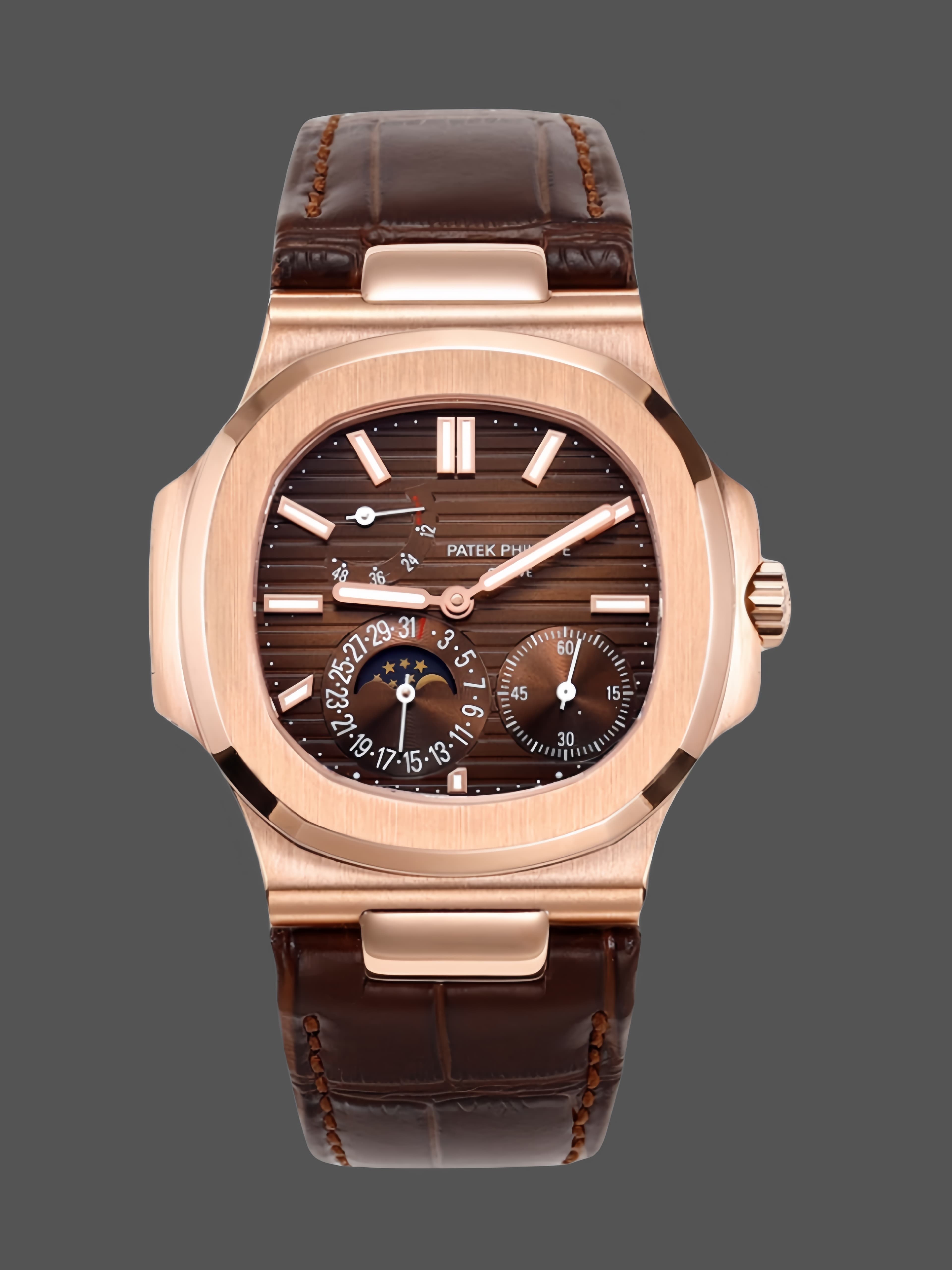 Patek Philippe Nautilus Moon Phases Rose & White Gold Slate Brown Dial 5712GR 001 — view 1