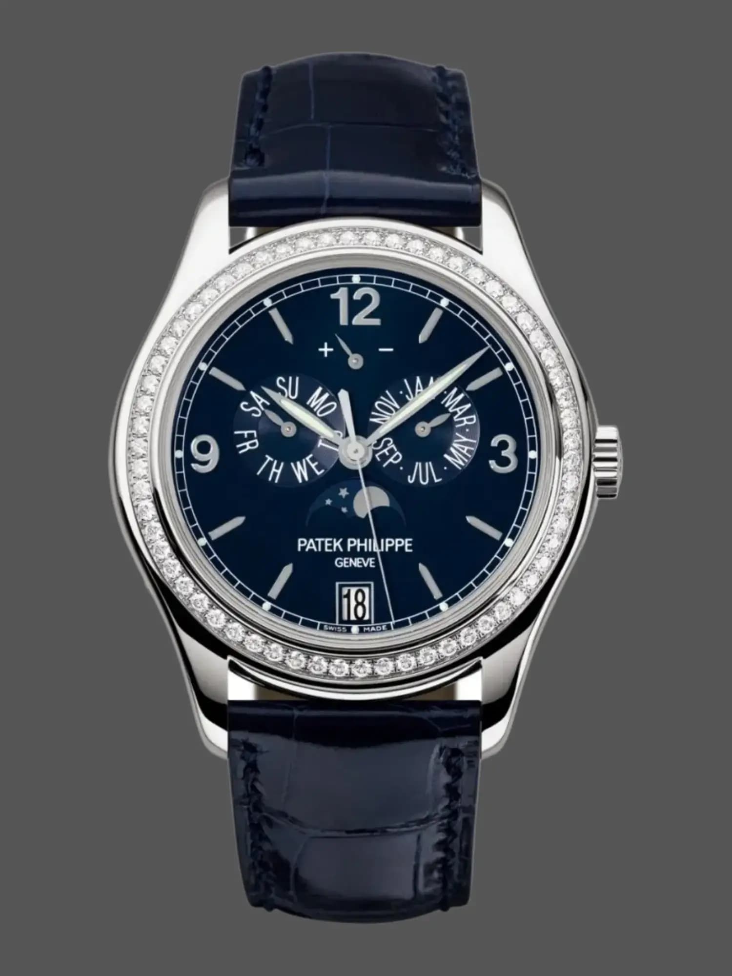 1:1 Clone Patek Philippe Complications Annual Calendar Diamond-Set Dark Blue Dial 5147G-001 — view 1