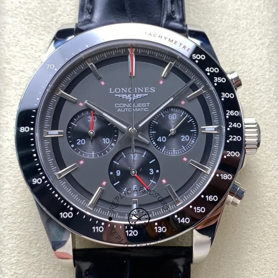 Longines L3.836.4.52.9 Conquest 42MM Gray Dial Replica Leather Strap Chronograph — view 1