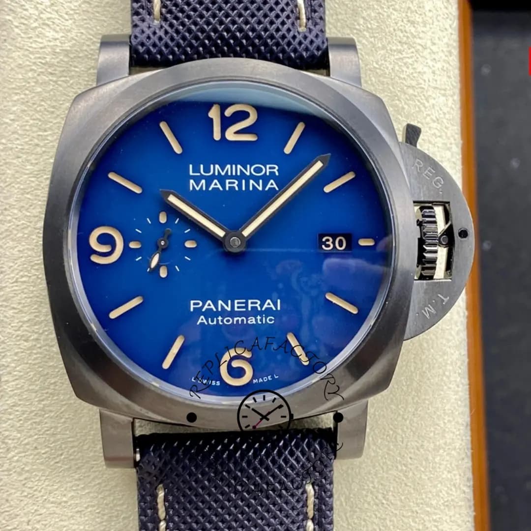 Replica Panerai Luminor 1950 PAM01021 44 3 Days Blue Titanium DLC Watch — view 1