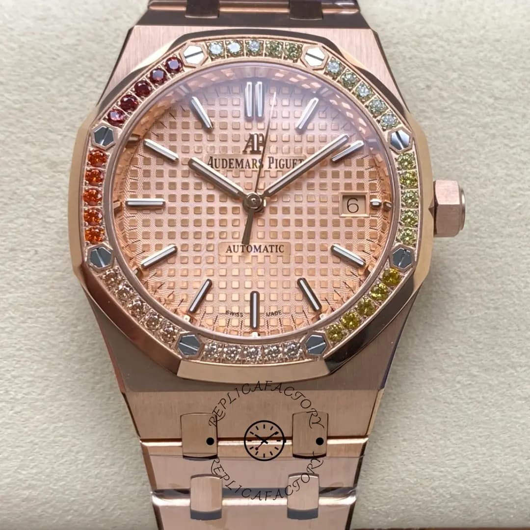 AP Replica Royal Oak 37 Pink Dial 15451OR.YY.1256OR.01 Gem-Set Watch — view 1