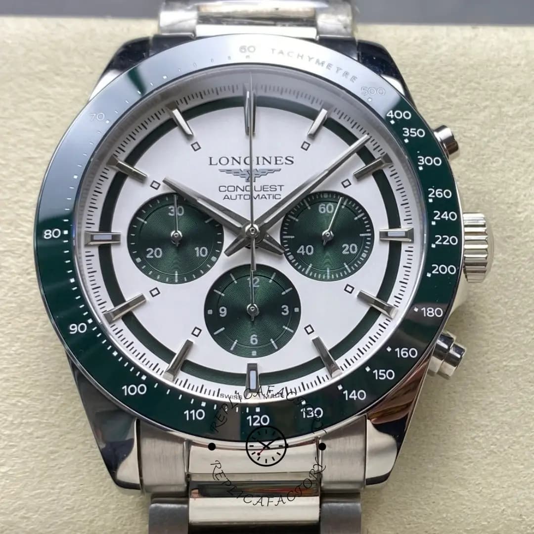 Longines Conquest L3.835.4.02.6 Chrono Steel 42mm Silver-Green Dial Replica — view 1