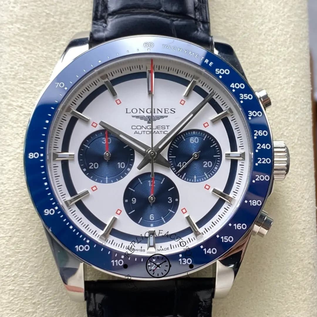 Longines L3.835.4.98.9 Conquest Leather Strap Replica Blue Bezel Chronograph — view 1